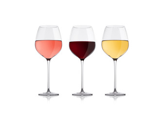 Glasses of white red and pink rose wine on white