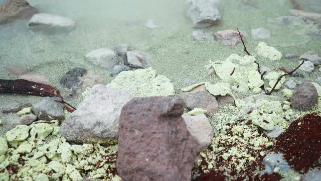 Close up sulphur lake shore - Kawah Putih White Crater, Indonesia