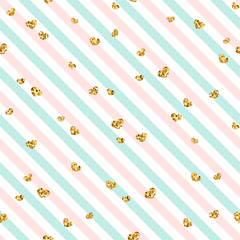 Gold heart seamless pattern. Blue-pink-white geometric stripes, golden confetti-hearts. Symbol of love, Valentine day holiday. Design wallpaper, background, fabric texture. Vector illustration