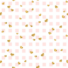 Gold heart seamless pattern. Pink-white geometric square, golden confetti-hearts. Symbol of love, Valentine day holiday. Design wallpaper, background, fabric texture. Vector illustration
