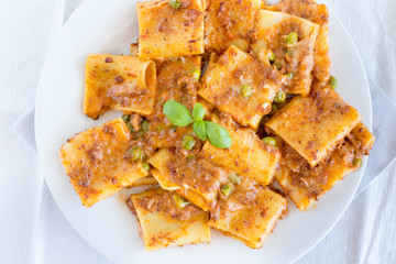 Paccheri baked with meat sauce.Mediterranean italian culinary specialties.Baked pasta in the white dish