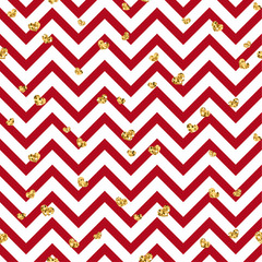 Gold heart seamless pattern. Red-white geometric zig zag, golden confetti-hearts. Symbol of love, Valentine day holiday. Zigzag design wallpaper, background, texture. Vector illustration