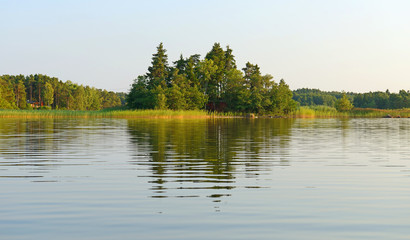 Mirror reflection of forest in still water. Aland Islands, Finland. Evening