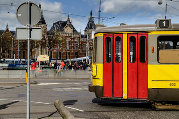 Colourful tram running on a tramway, Amsterdam tram, Netherlands - 191789761
