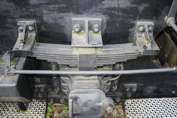 Industrial background with detail of old freight port locomotive frame and suspension system in historical harbor of Rotterdam, Netherlands.