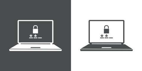 Icono plano seguridad en portatil en gris y blanco © teracreonte