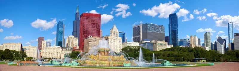 Poster Chicago De horizonpanorama van Chicago met Buckingham Fountain, Verenigde Staten