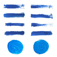 Set of blue hand paint, round shapes, stripes, ink brush strokes, hand painted circles, brushes, lines isolated on white background.