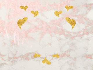 Gold hearts on pink marble background.  Love message corner.