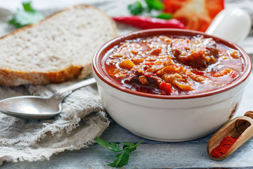 Thick meat soup with paprika. Hungarian cuisine.