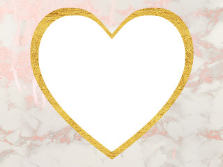 Heart shaped golden frame on pink marble background. Elegant corner for your love message.