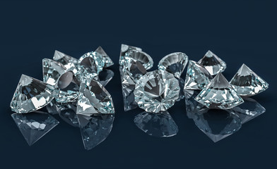 Many diamonds on reflective desk. Selective Focus. 3D illustration