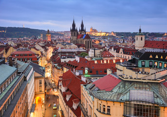 Evening panorama of Prague, Czech Republic, from the Powder Tower