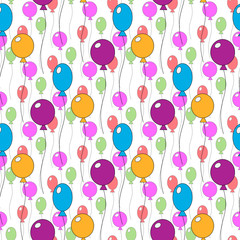 Seamless pattern of different colorfull cute balloons. Design for Happy Birthday, party, baby shower, wedding day. Handdraw illustration on white background.