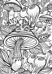 Mushrooms Coloring antistress book page