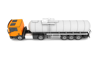 Logistics concept. Fuel truck moving from right to left isolated on white background. Side view. View from above. 3D illustration