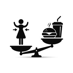 Woman and fast food on scales, vector losing weight concept, lose weight versus fast food illustration