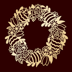 Openwork golden wreath with flowers and painted Easter eggs. Laser cutting vector template suitable for greeting cards, invitations, decorative interior elements.