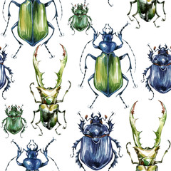 Seamless pattern with colorful beetles. Summer and spring background, watercolor illustration....