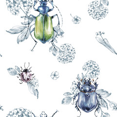 Seamless pattern flying beetles with flowers and plants. Summer and spring watercolor illustration. Entomology. Wildlife set. Animal, insects texture. Can be used for a poster, printing on fabric.