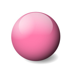 Pink glossy sphere, ball or orb. 3D vector object with dropped shadow on white background.