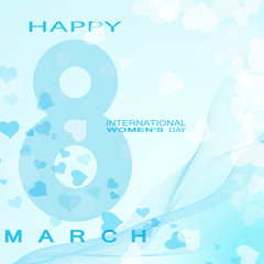 Vector light blue background of Happy International Women's Day with pattern of hearts, number, wave and text.