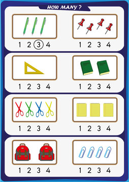 worksheet for kindergarten kids, Count the number of objects, Learn the numbers 1, 2, 3, 4