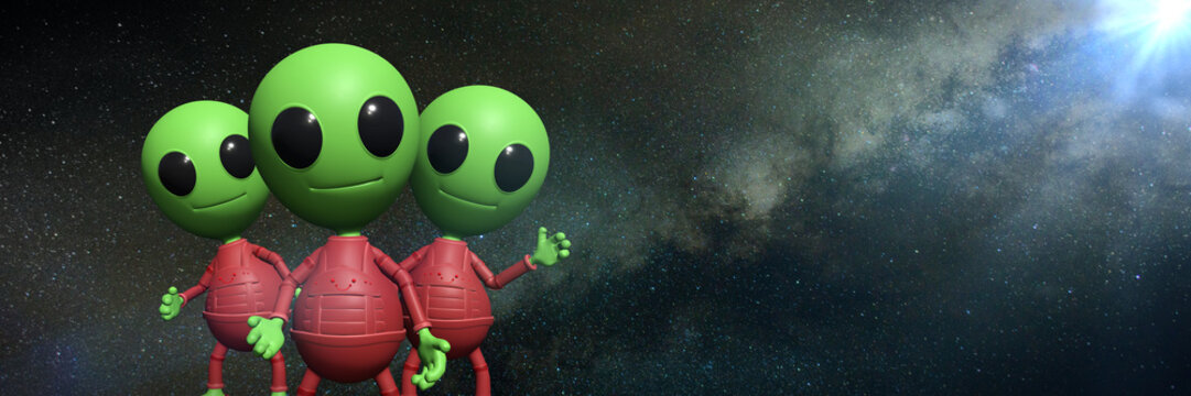 three cute little alien cartoon characters in front of the Milky Way galaxy (3d illustration background banner)
