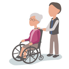 Son helping elderly woman in wheelchair