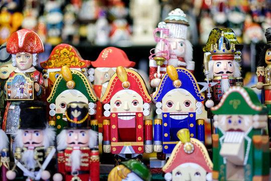 Colorful nutcrackers at a traditional Christmas market in Moscow, Russia