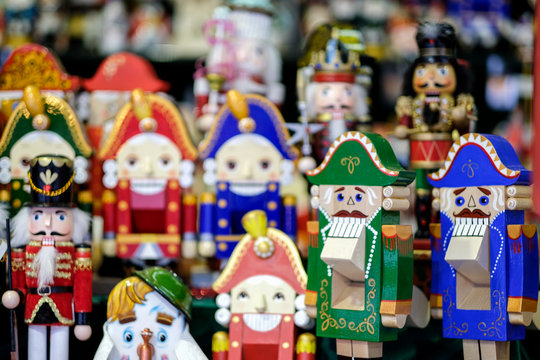 Colorful nutcrackers at a traditional Christmas market in Moscow, Russia