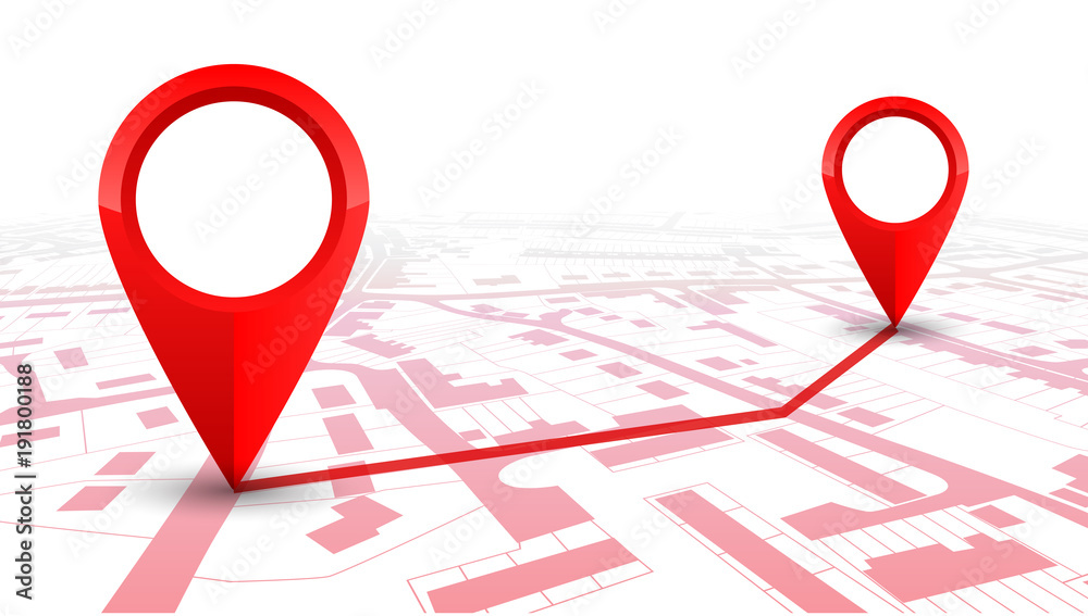 Poster Red GPS navigator pointer on city map, from place to place – stock vector
