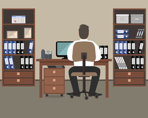 Fototapeta premium Workplace of office worker. The man is an employee at work, he is sitting at a desk. There are cabinets with folders, a computer, a phone and other objects in the picture. Vector flat illustration