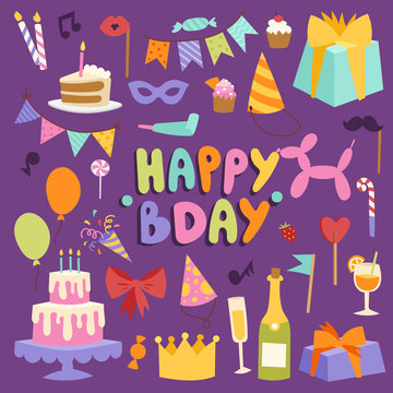 Happy birthday party vector symbols carnival festive illustration set colorful happy birthday partytime symbols hat, gifts, balloons, cake