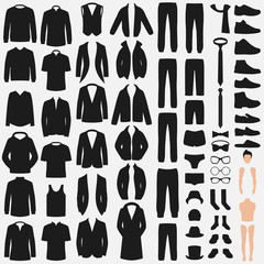 
Set of man fashion. Clothes silhouette isolated on white. Vector clothing design. pants, suit, shirt and jacket