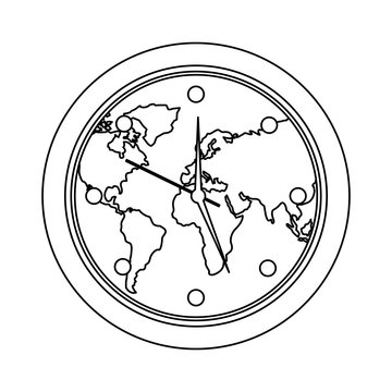 round clock on world map ecology concept vector illustration outline design