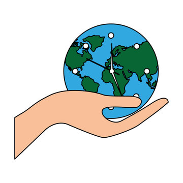 earth globe clock in hand safety concept vector illustration