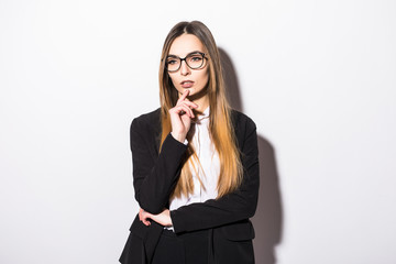 Young beauty business woman in glasses portrait isolated on white background