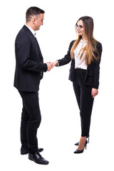 Businessman and businesswoman shaking hands isolated over white background