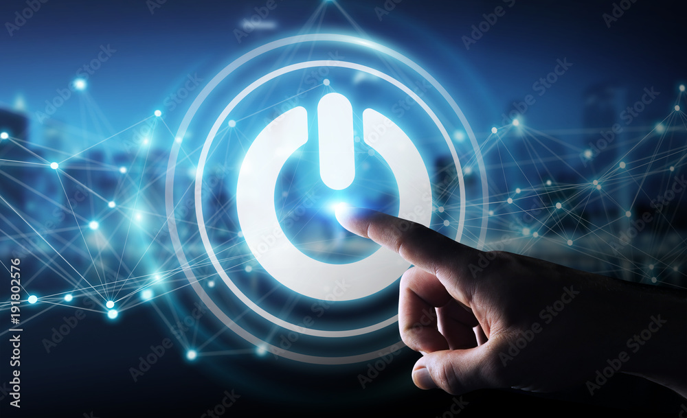 Aufkleber businessman using 3d render power button with connections