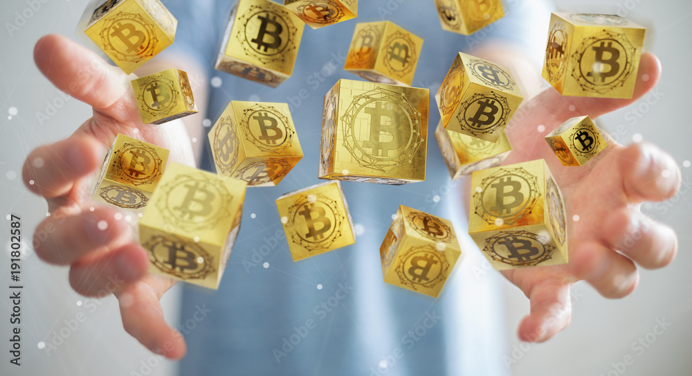 Poster businessman using bitcoins cryptocurrency 3d rendering