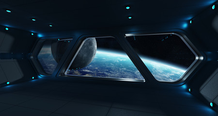 Plakat Spaceship futuristic interior with view on planet Earth