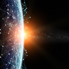 Connections system and datas exchanges on planet Earth 3D rendering