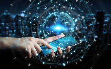 Businessman using planet earth network sphere 3D rendering