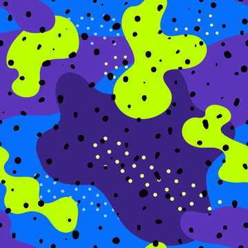 Vector abstract Memphis design seamless pattern, colorful sport style. Grunge urban art texture with chaotic spots, dots, fluid shapes, brush strokes. Bright green, blue, purple. Sports pattern.