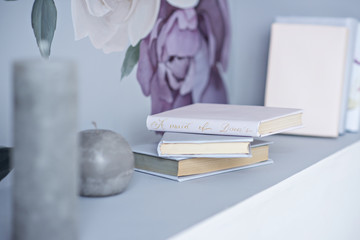 Books in the covers of designer cardboard in pastel colors. Decorations for home and studio. Suite room.