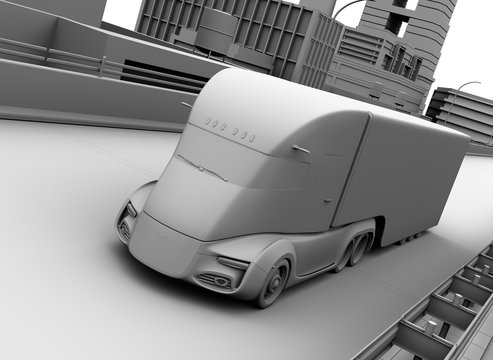 Clay model rendering of self-driving electric semi truck driving on highway. 3D rendering image.