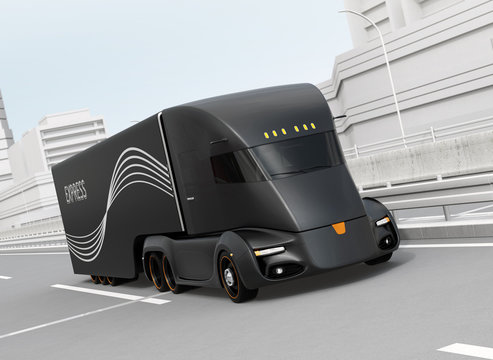Self-driving electric semi truck driving on highway. 3D rendering image.