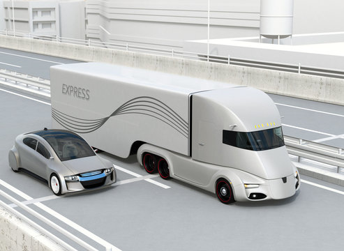 Self-driving electric semi truck and sedan driving on highway. 3D rendering image.