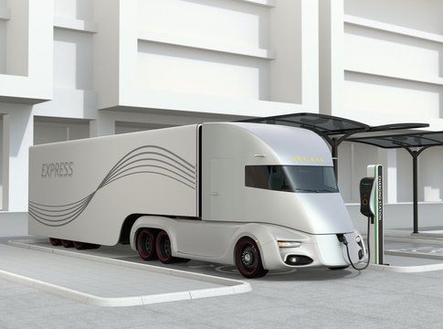 Electric truck charging at charging station. 3D rendering image.